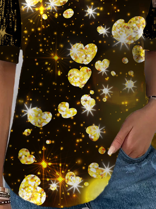 Women's Short Sleeve V-neck Graphic Printed Sequins Stitching Top