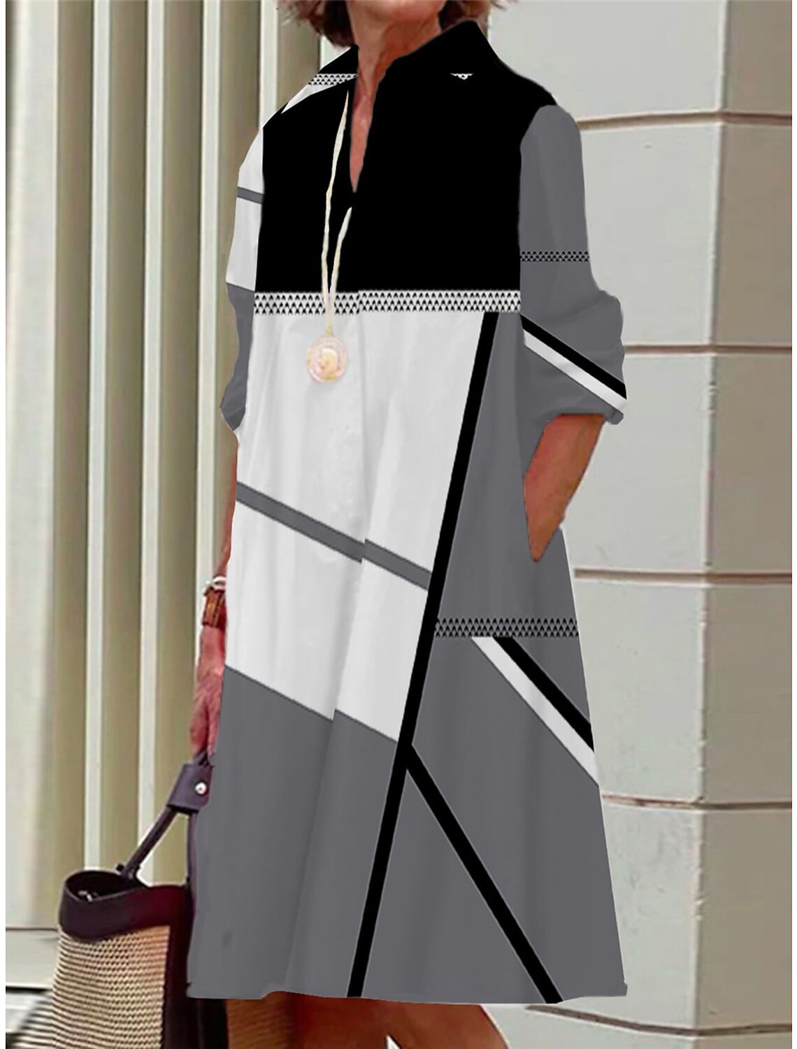 Mature Women Plus Size 3D Digital Printing Long Sleeve Shirt Dress
