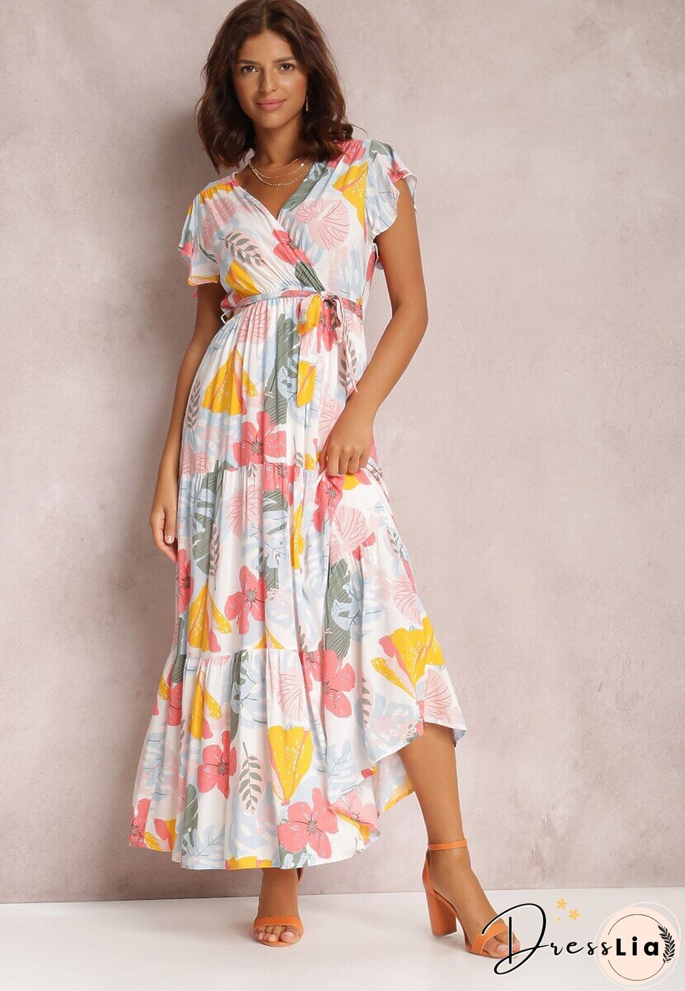 Elegant Floral Print Dress For Women Summer Dresses New Cotton V-Neck Lace-up Ruffle Short Flying Sleeve Maxi Dress