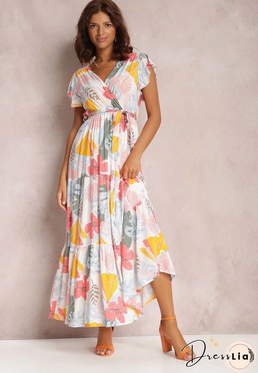 Elegant Floral Print Dress For Women Summer Dresses New Cotton V-Neck Lace-up Ruffle Short Flying Sleeve Maxi Dress