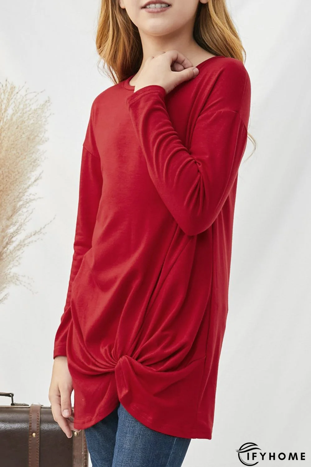 Red Twisted Hem Long Sleeve Girls Top | IFYHOME