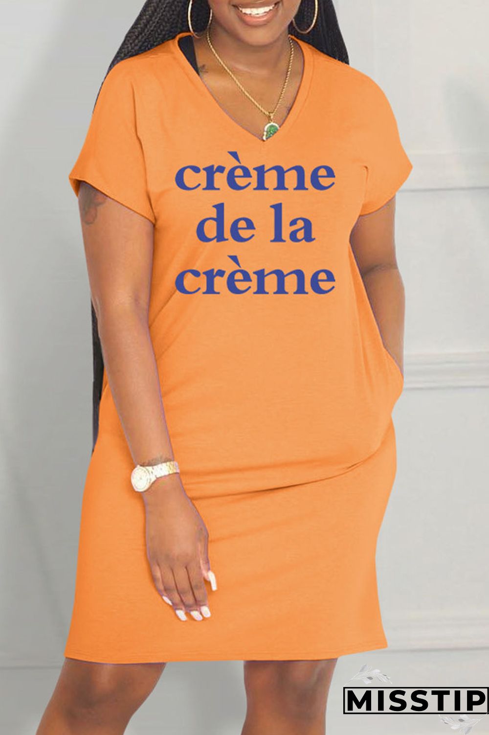 Black Casual Letter Print Basic V Neck Short Sleeve Dress