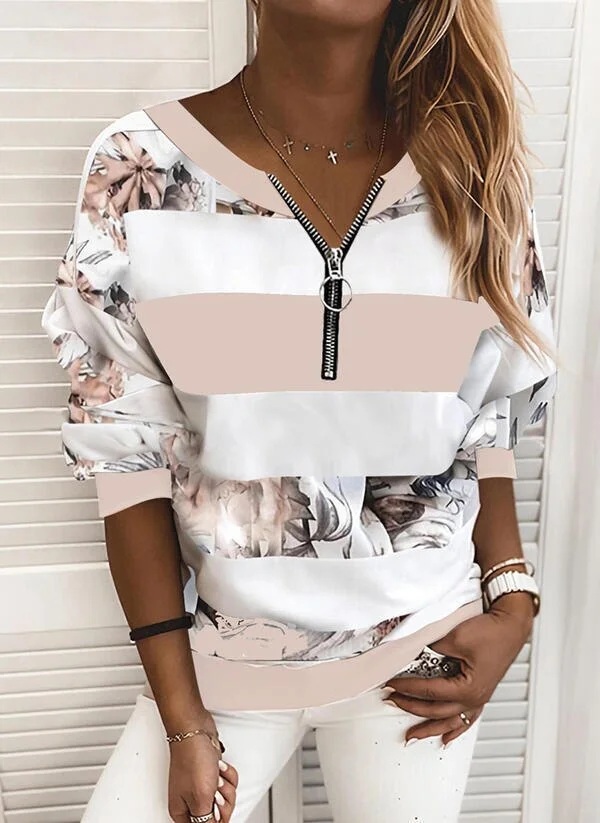 Sonicelife Women Tshrts V-Neck Wide Stripe Print Long Sleeve Zipper Casual Stretchy 2023 Autumn Fashion Ladies Tops Vintage Clothes D30