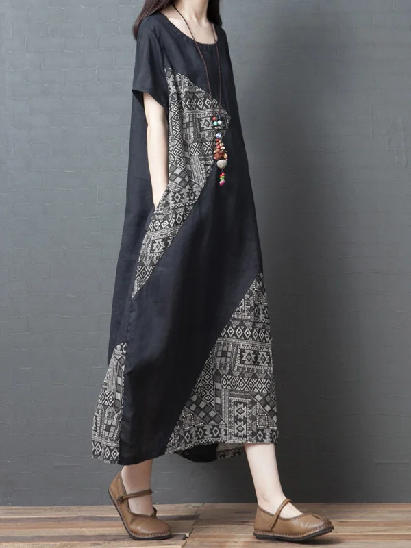 Ethnic Stamped Asymmetric Split-Joint Roomy Dress