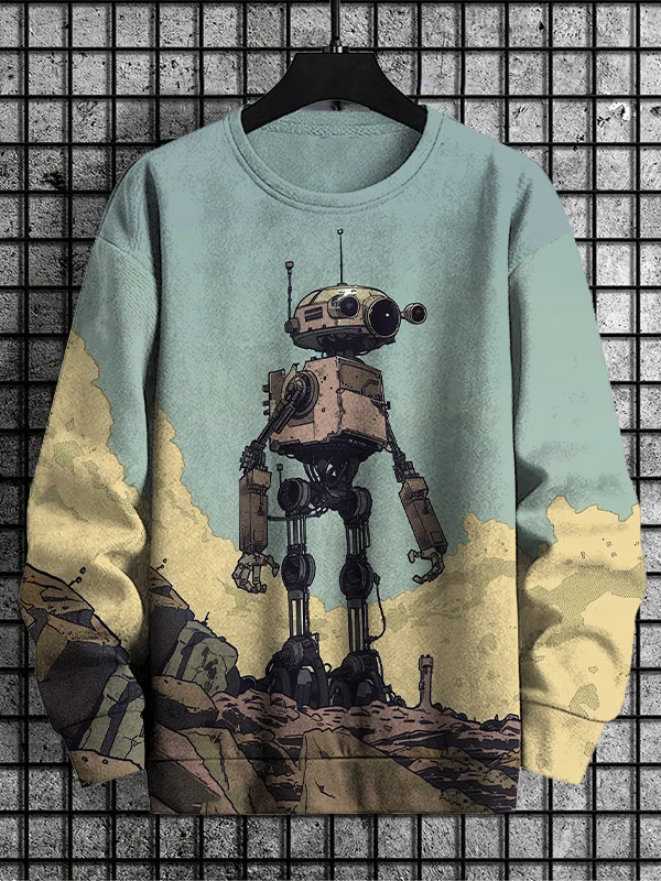 Men's Retro Outer Space Robot Exploration Art Print Casual Sweatshirt