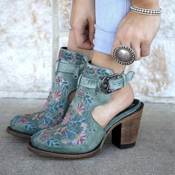 Vintage Floral Embroidery Round Toe Ankle Bootie