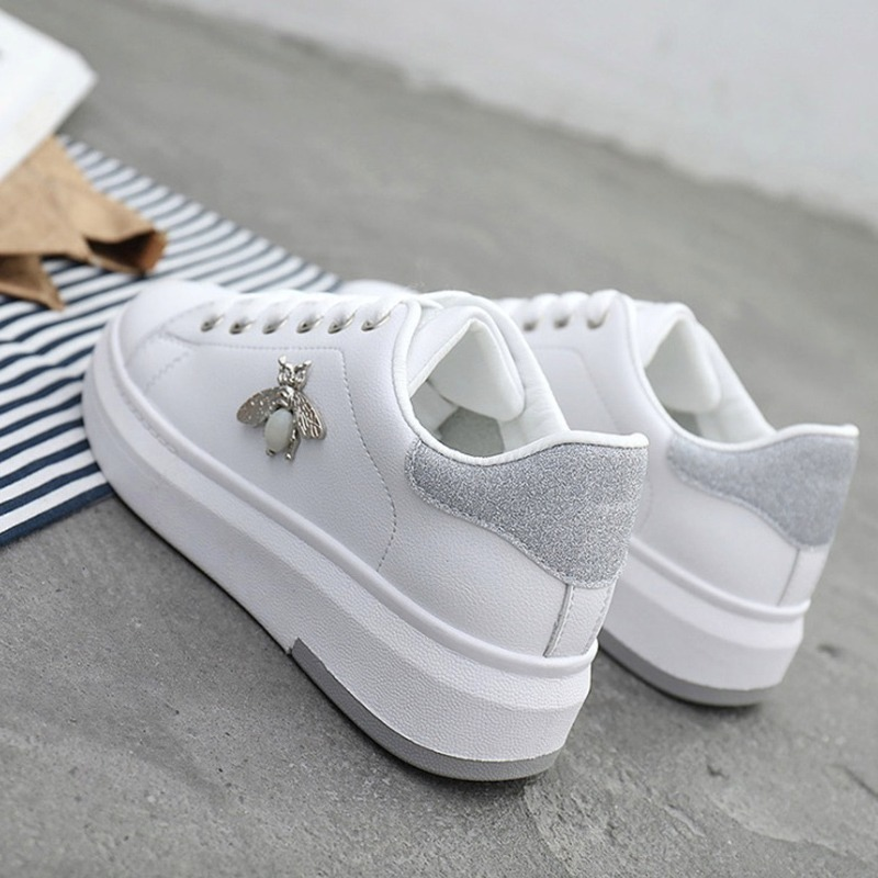 Breakj Women Casual Shoes 2022 New Women Sneakers Fashion Breathable PU Leather Platform White Women Shoes Soft Footwears Rhinestone