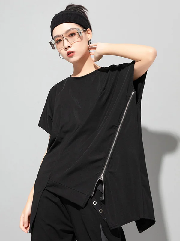 Stylish Irregular Zipper Split-Joint Black T-Shirt Top