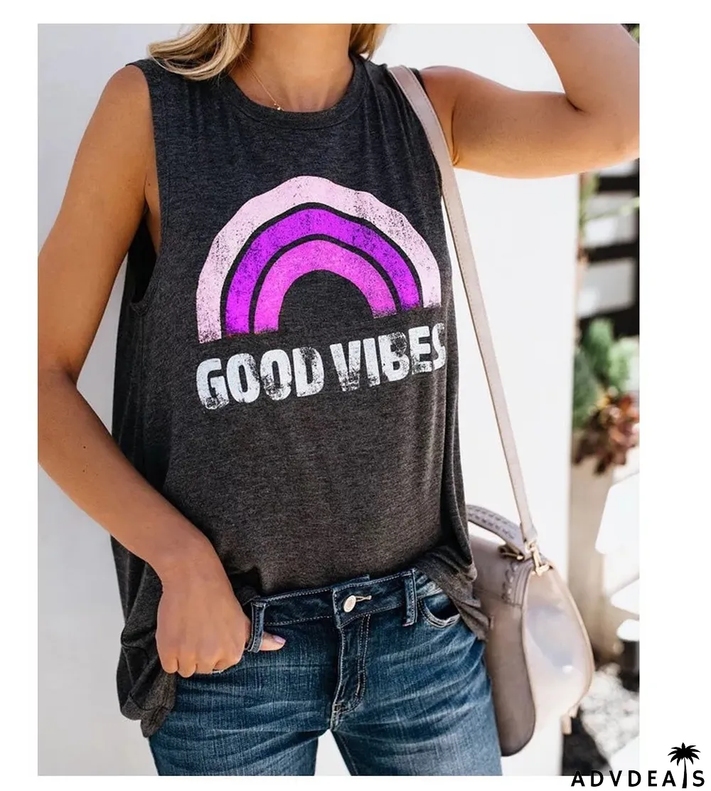 Summer Women'S Tank Top Letter Print Round Neck Sleeveless T-Shirt