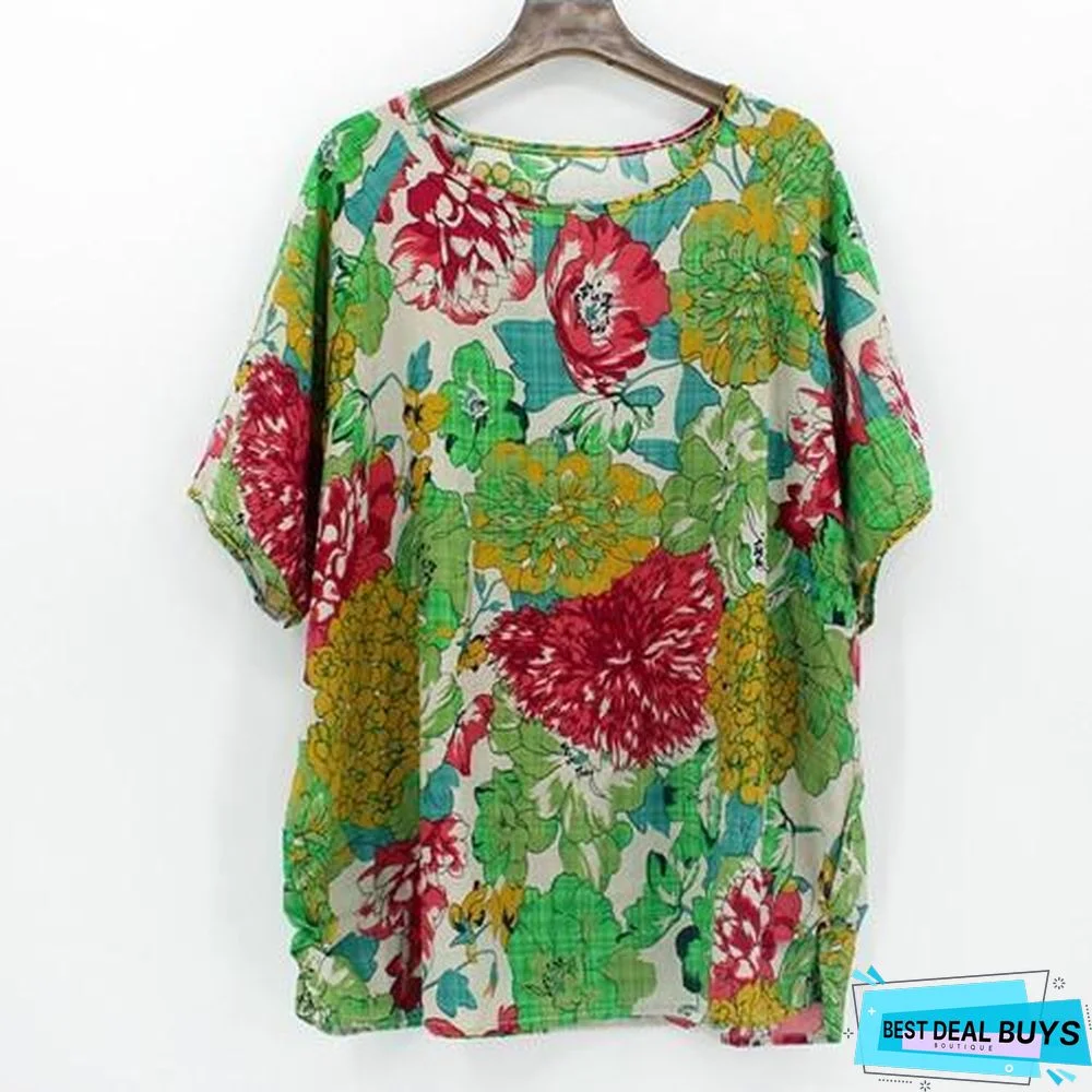 Plus Size Women Batwing Casual Tops Tees Floral Print Cotton Linen Blouses
