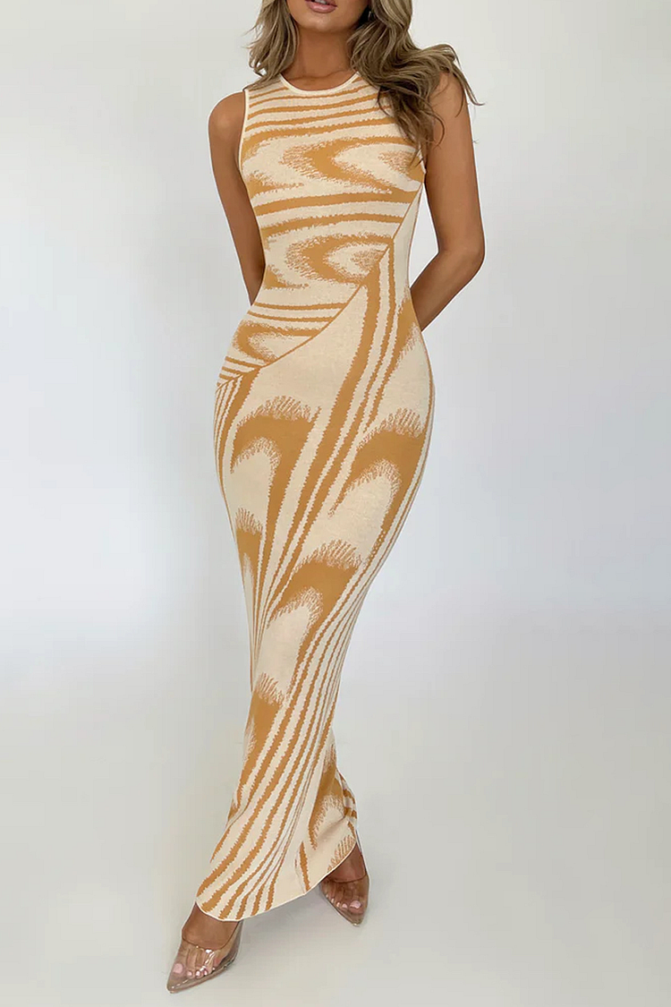 Colorblock Striped Round Neck Bodycon Maxi Tank Dresses-Black