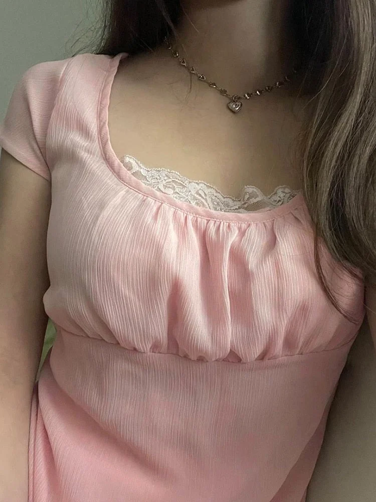 Rapcopter y2k Chiffon Crop Top Lace Trim Short Sleeve T Shirt O Neck Cute Sweet Pullovers Women Pink Summer Fairycore Basic Tee