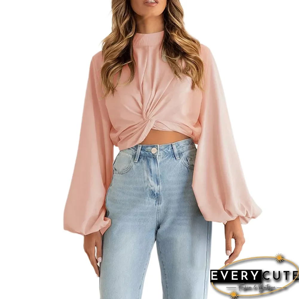 Light Pink Front Twisted Puff Sleeve Crop Tops