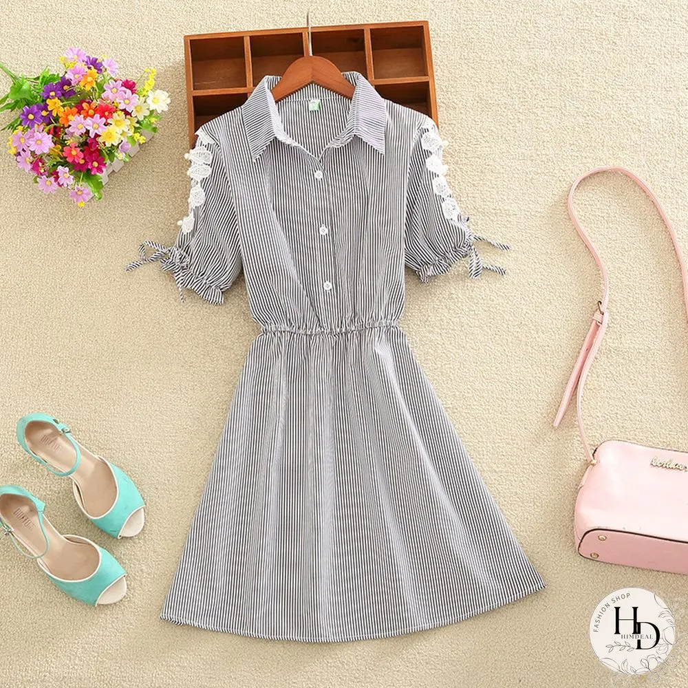 Elegant Office Summer Dress Shirt Blue Striped Cotton Turn Down Collar Wear Work Shirts