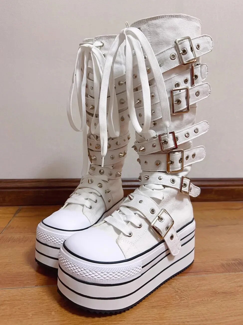 VCshoes Women Wasteland Punk Long Boots Woman High Wedges Heels Pumps Lady Dress Party Shoes Round Toe White Canvas Shoes 33-45