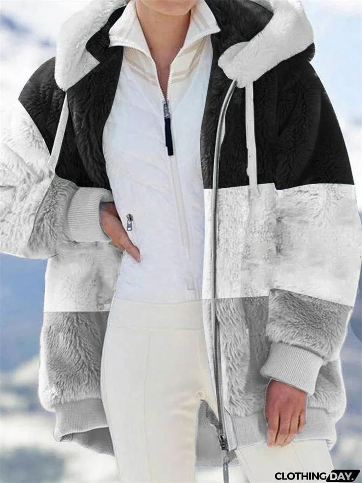 Ladies Warm Fleece Patchwork Full Zipper Hooded Coat