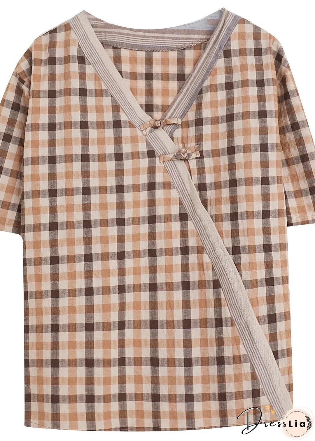 Natural Orange Plaid Oriental Cotton Linen Summer Shirt Tops