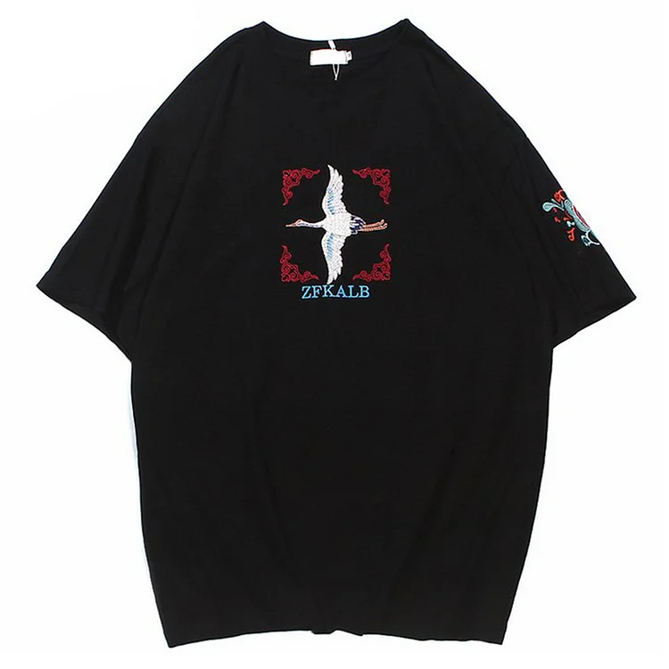 Hip Hop Embroidery Crane Men Streetwear Harajuku Cotton T-Shirt at Hiphopee