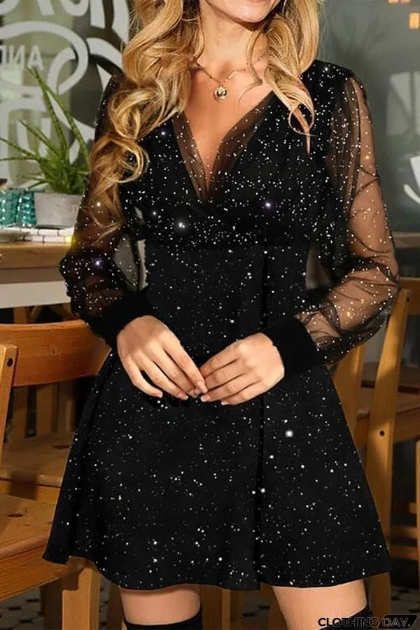 Sheer Mesh Glitter Plunge Party Dress