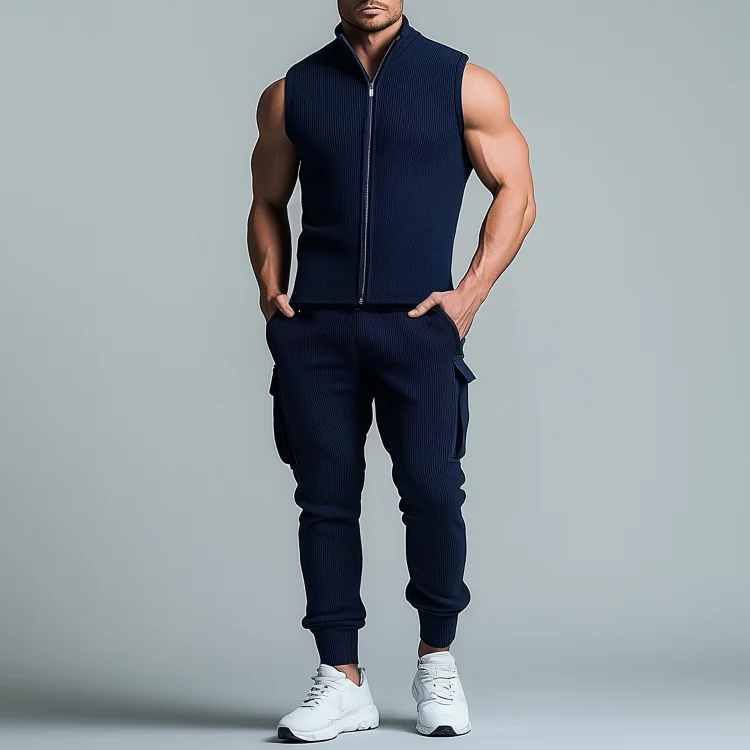 Okaywear Knit Stand Collar Zipper Vest & Jogger Pants 2Pcs Set Okaywear