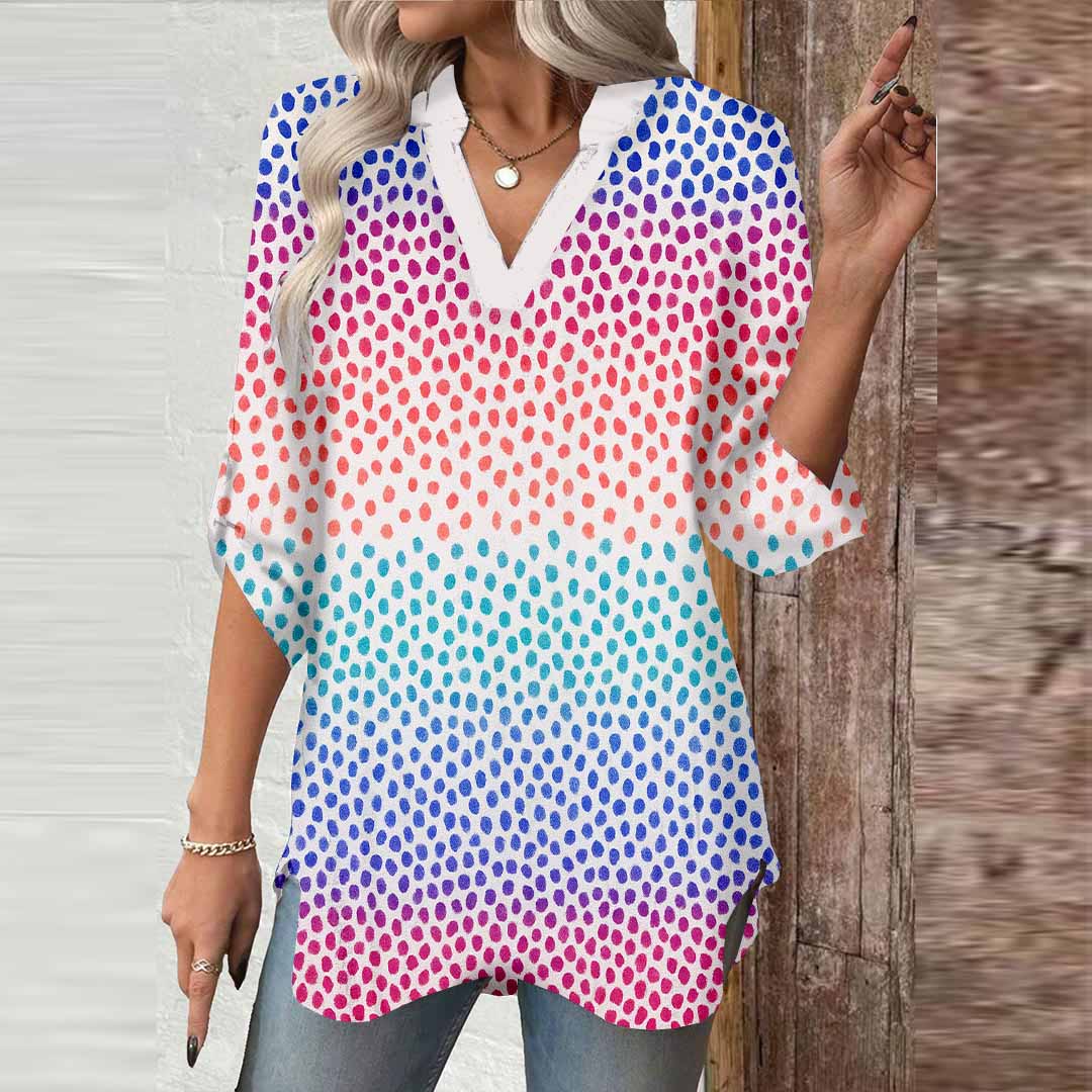 Women Polka-Dot,Red,Purple DZGA0316 3/4 Sleeve V-neck Printed Graphic Button Tops