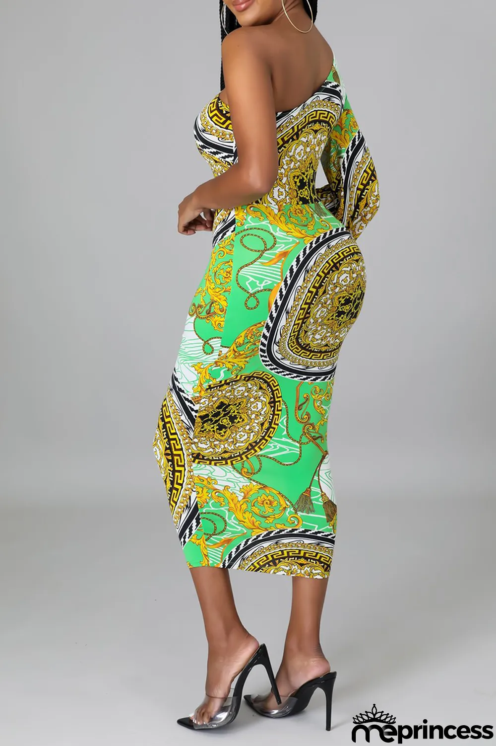 Green Sexy Print Hollowed Out One Shoulder Pencil Skirt Dresses