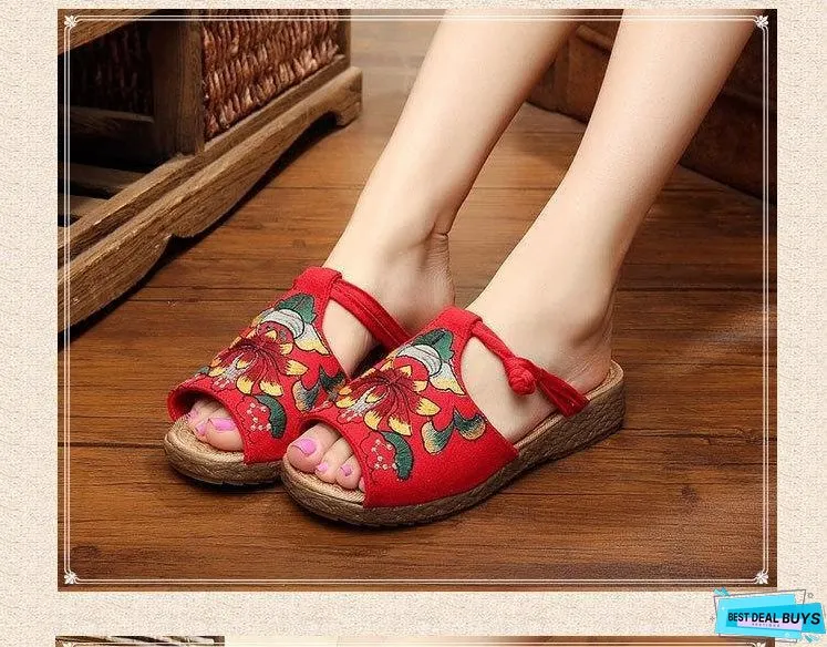 Ethnic Style Wedge with Non-slip Fish Mouth Type Embroidered Sandals and Slippers