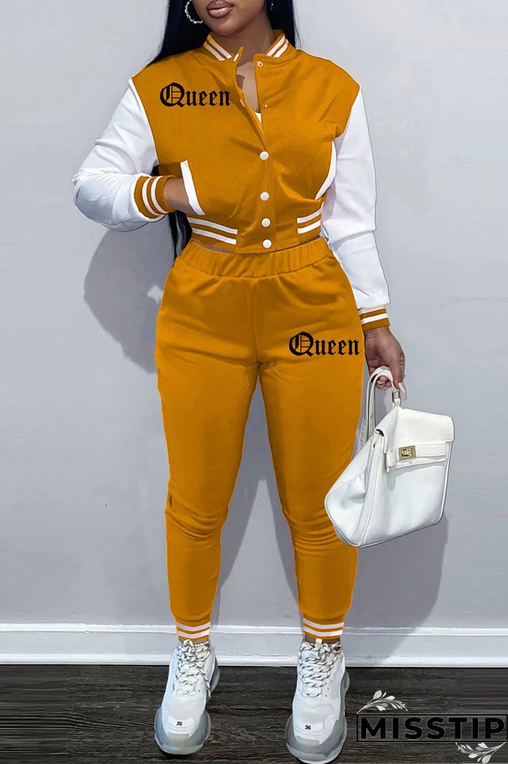 Coffee Fashion Casual Patchwork Letter Long Sleeve Two Pieces