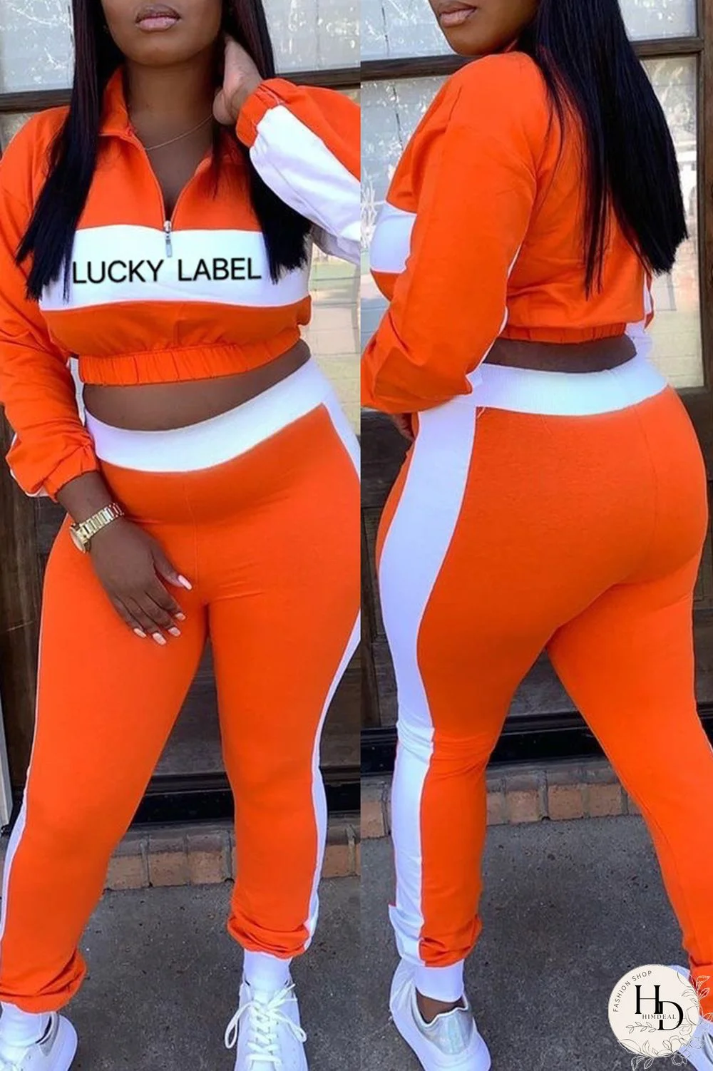 Orange Fashion Casual Patchwork Letter Zipper Collar Long Sleeve Two Pieces