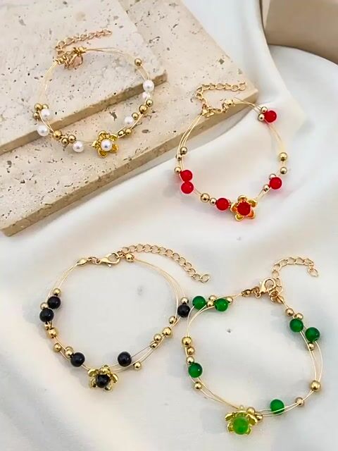 Colorful Pearls Round Beads Gold-Plated Bracelet