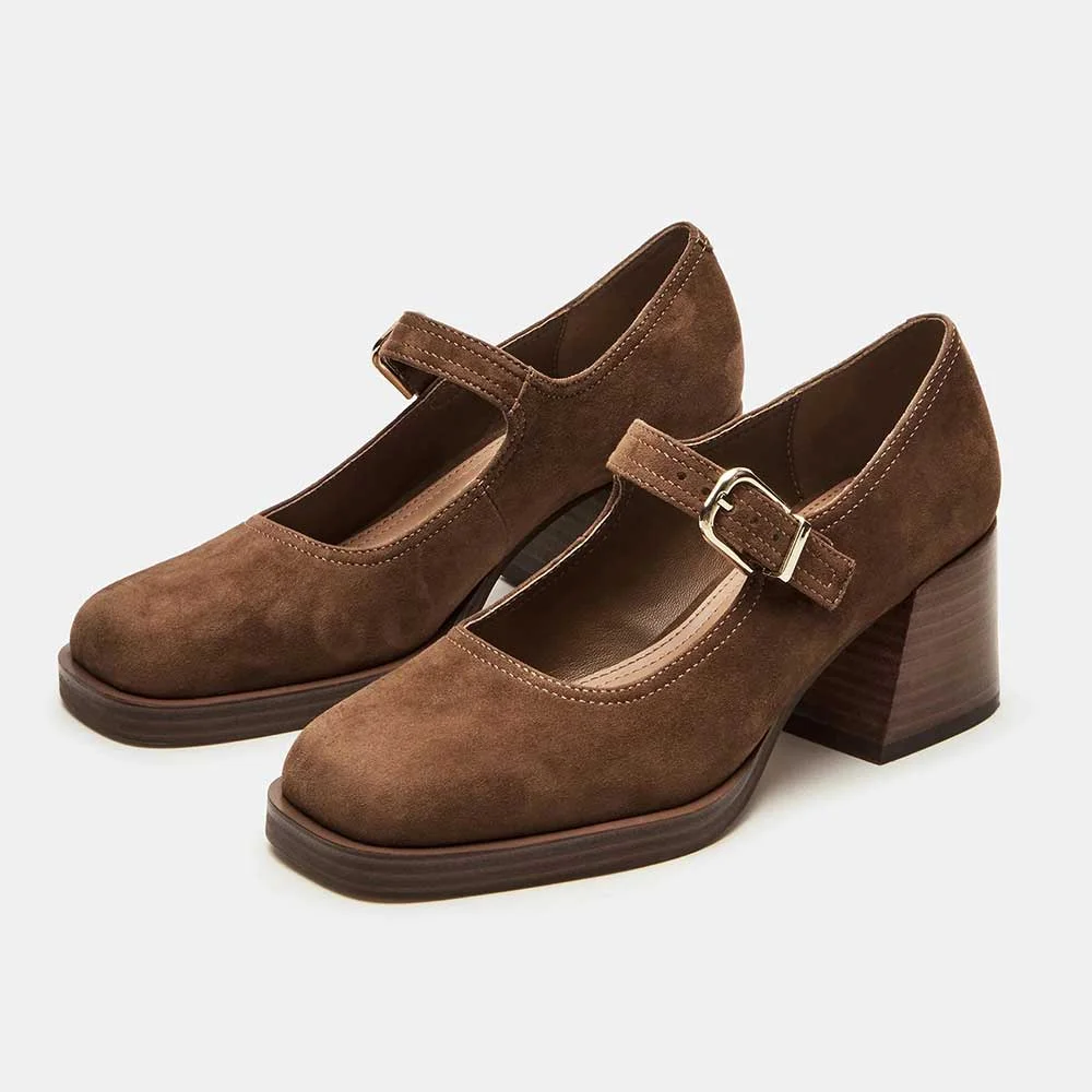 Brown Vegan Suede Square Toe Block Heel Buckle Women Mary Jane Shoes