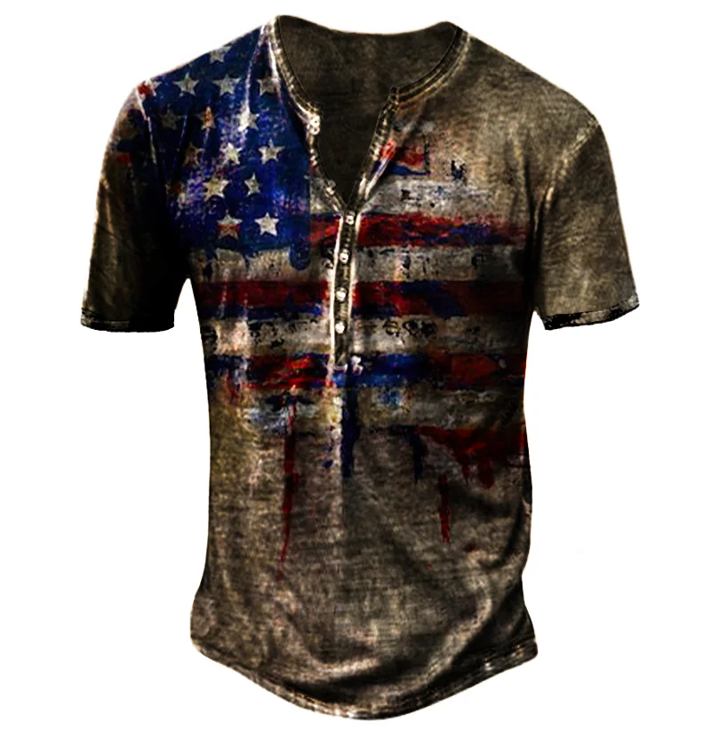Men's Outdoor Retro Flag Print Short-sleeved Henley Shirt / [viawink] /