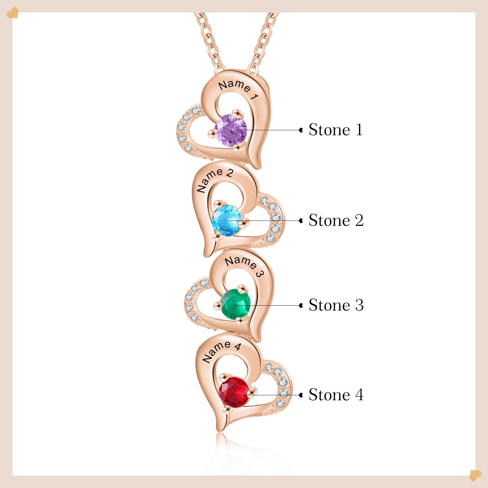 4 Names - Personalised Heart Pendant Necklace Custom Birthstones & Names Necklace Birthday Gift for Her-Jessemade AU