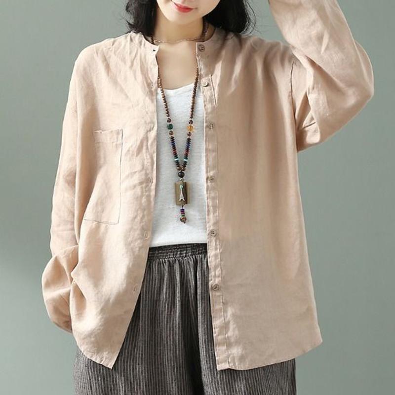 Spring Autumn New Arts Style Women Long Sleeve Shirts Solid Cotton Linen Loose Casual O-neck Blouse vintage Ladies Tops D435