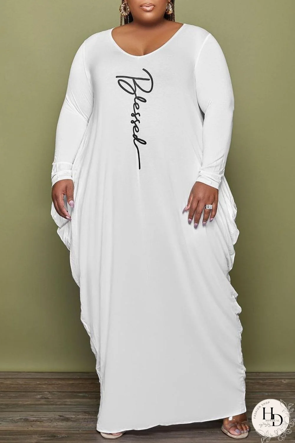 Black Casual Print Patchwork Fold O Neck Long Sleeve Plus Size Dresses