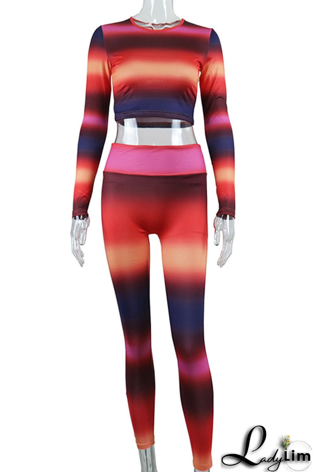 Colour Sexy Striped Print Split Joint O Neck Long Sleeve Two Pieces