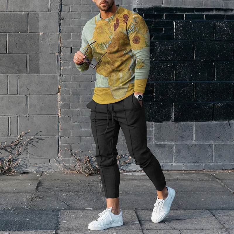 Classic Oil Painting Chrysanthemum Print T-Shirt And Pants Co-Ord