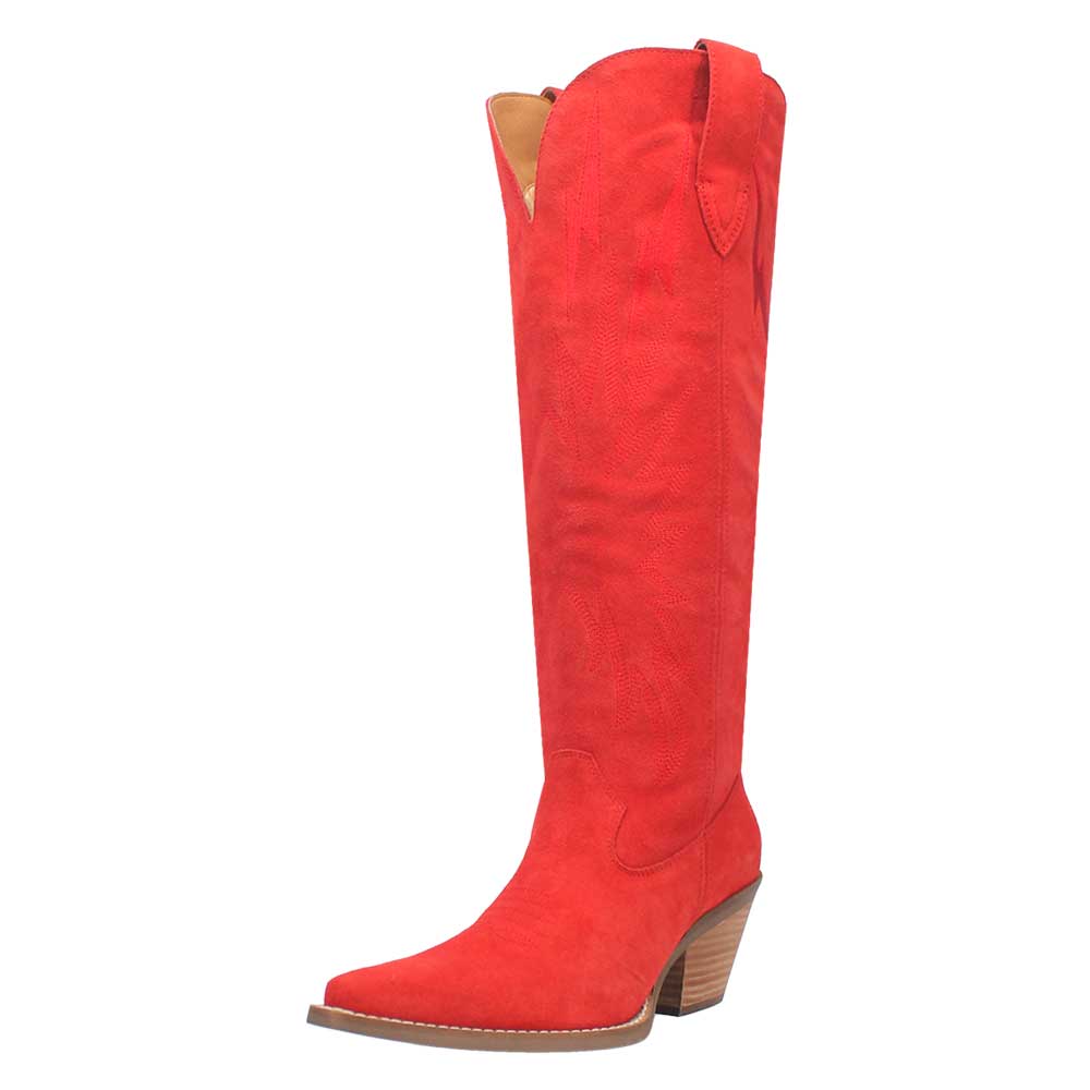 Red Embroidered Snip Toe Chunky Heel Knee-High Western Boots for Women Nicepairs