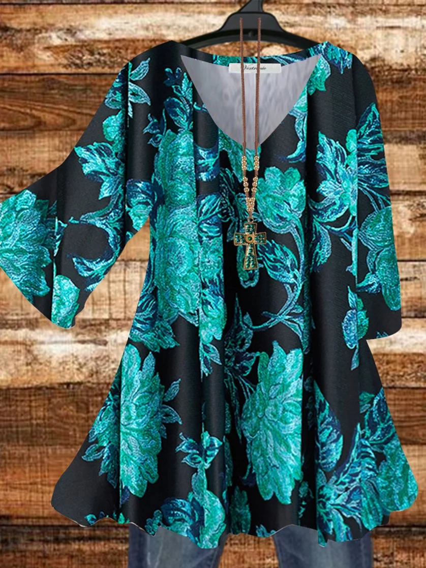 Women Half Sleeve V-neck Solid Color Dress