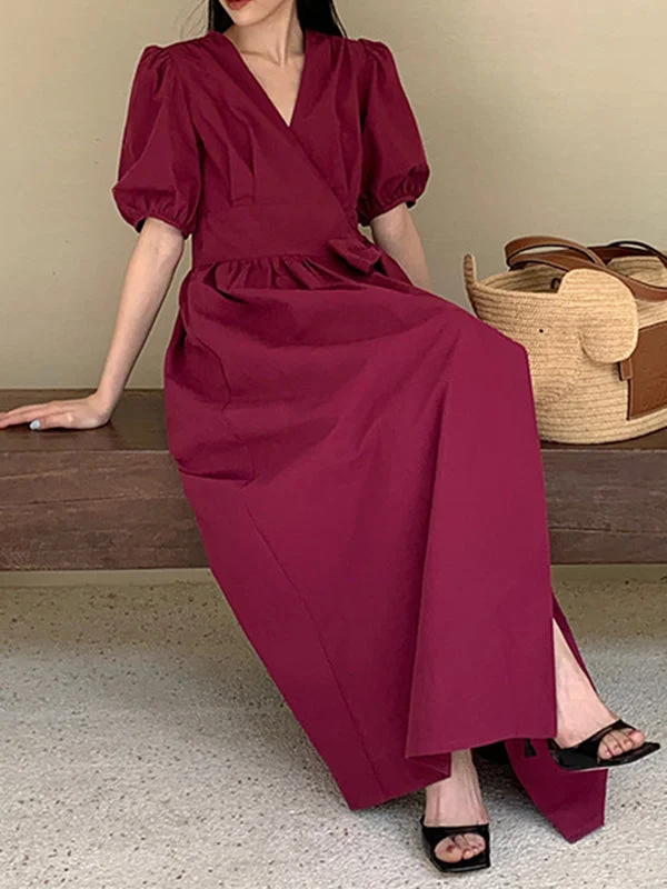 Vacation V-neck Solid Color Ribbed Bishop Sleeve Maxi Dress