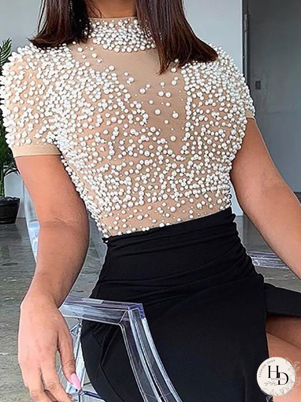 Sheer Mesh Beaded Slit Evening Dress P14711