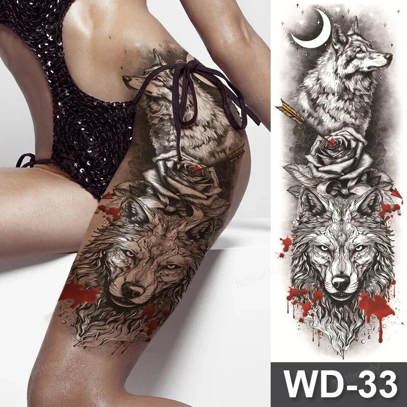 Sdrawing Size Leg Thigh Temporary Tattoo Stickers Full Arm Sleeve Wolf Carp Fox Peony Flower Fake Tattoo Sleeves Sexy Body Painting