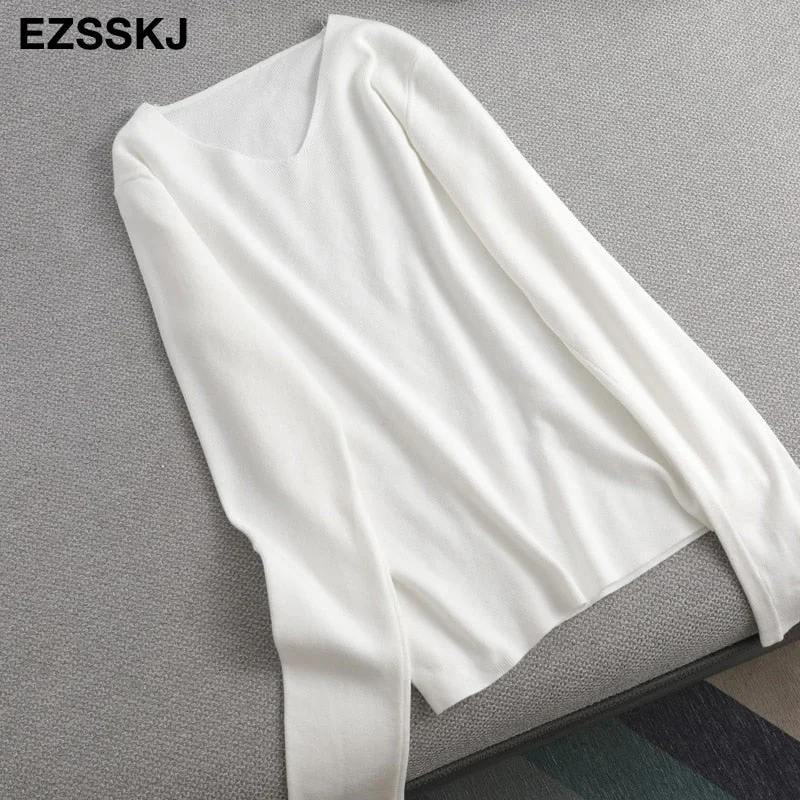 chic casual Autumn Winter Basic  v-neck Sweater pullovers Women 2021 loose Knit  Pullover female Long Sleeve Khaki Sweater