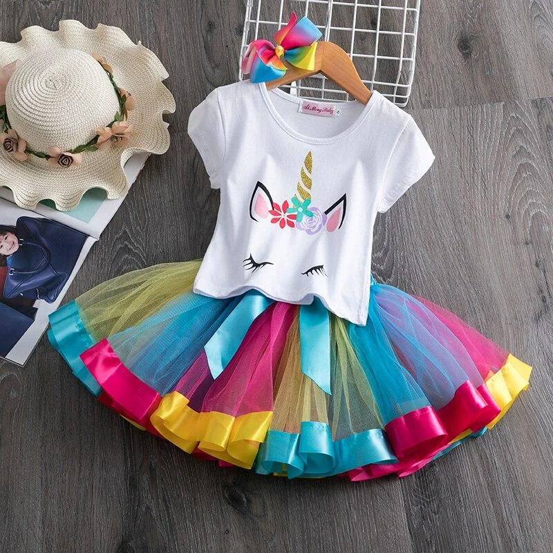 2021 New Summer Girls Unicorn Clothes Sets 2PCS Short Sleeve Cartoon Print T Shirts + Fluffy Tutu Skirts Unicornio Girl Clothing