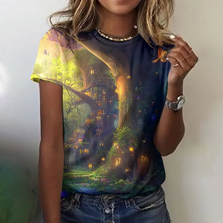 Forest And Butterfly Print Casual T-Shirt