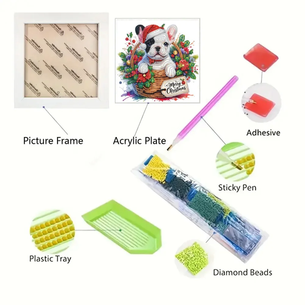 5D DIY Partial Special Shaped Drill Diamond Painting Xmas French Bulldog 22.8x22.8cm【With Frame】