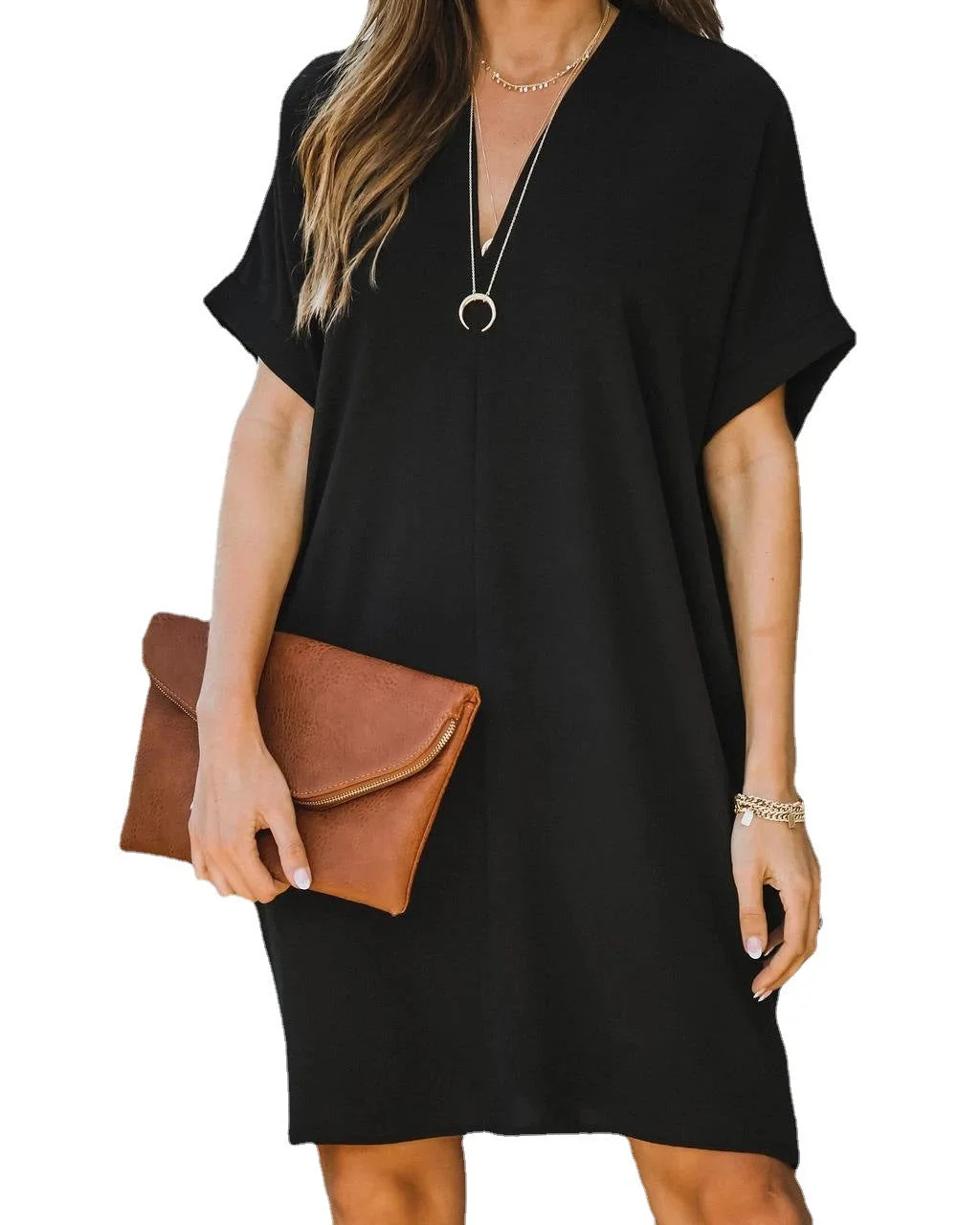 Uveng V-neck Short-sleeved Solid Color Loose Dresses