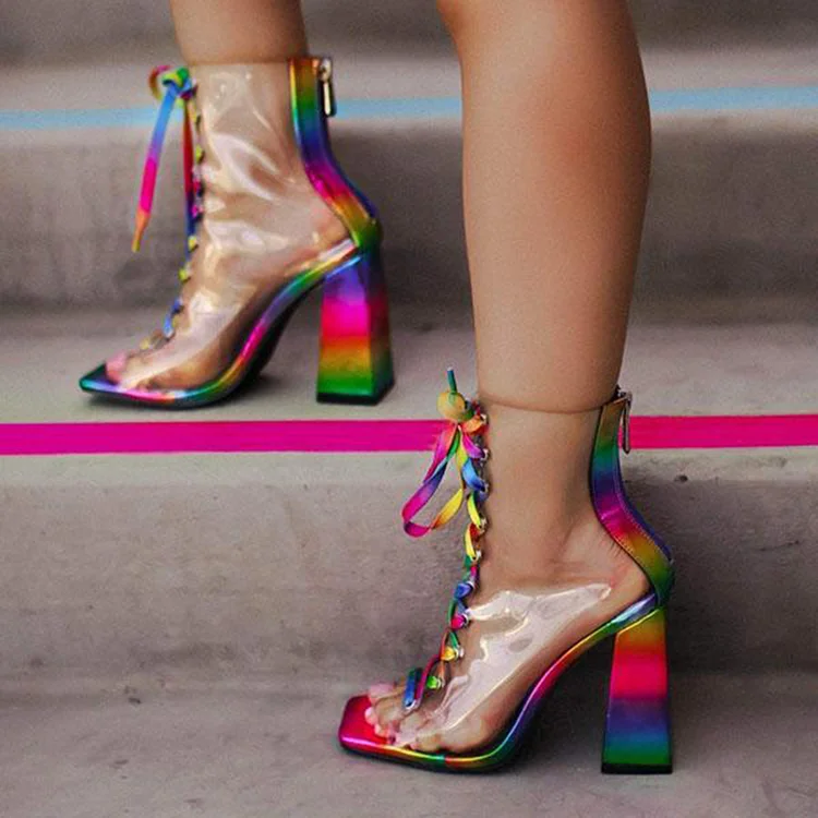 Multicolor Open Toe Ankle Boots Lace-Up Chunky Heel Clear Booties |FSJ Shoes