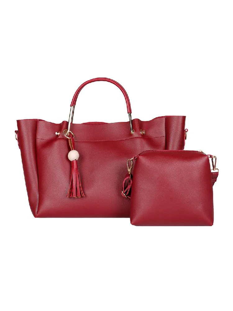 2pcs/set Solid Color Shoulder Handbags Women Leather Crossbody Bags (Red)