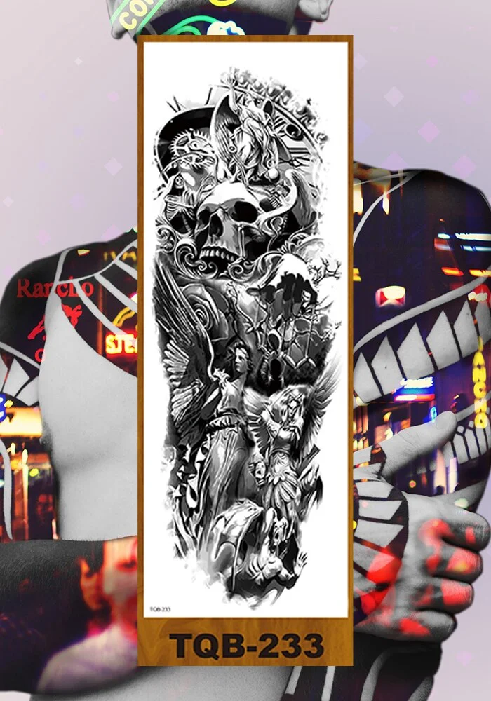 Full Flower Arm Temporary Tattoo Sticker Man Woman Body Leg Fake Tatoo Skull Night Demon Grim Reaper Good and Evil Waterproof